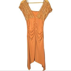 Y2K Studio Y Coral Asymetrical High Low Dress lace top women's size Large Ruched